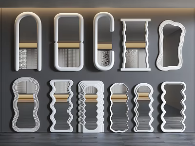 Modern Bathroom Mirrors With Various Unique Shapes On Dark Wall 3d model