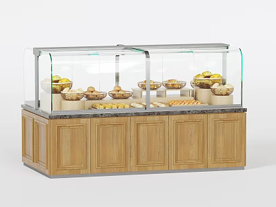 Wooden Display Cabinet Shelf With Glass Cover And Fresh Pastries For Bakery Shop 3d model