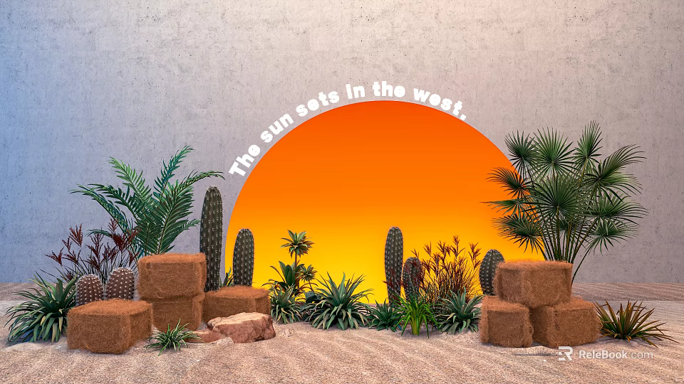 Tropical Floral Display with Arched Design Cacti Palm Plants and Sunset Backdrop on Sand Ground 3d model 