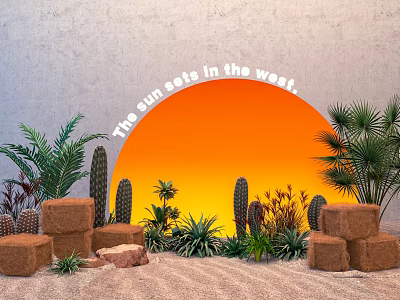 Tropical Floral Display with Arched Design Cacti Palm Plants and Sunset Backdrop on Sand Ground 3d model