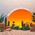 Tropical Floral Display with Arched Design Cacti Palm Plants and Sunset Backdrop on Sand Ground