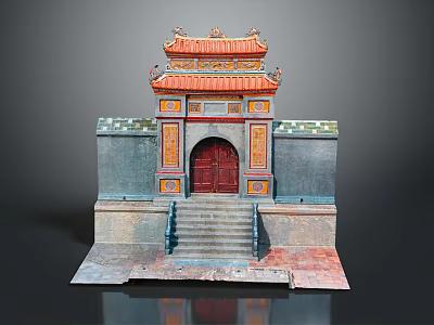 Traditional Chinese Architecture Model With Red Door Orange Roof Gray Walls And Steps 3d model