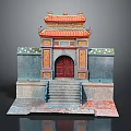 Traditional Chinese Architecture Model With Red Door Orange Roof Gray Walls And Steps