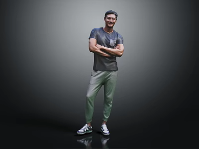 Smiling Man in Gray T Shirt and Green Pants with Arms Crossed Against Gray Background 3d model
