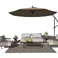Outdoor Sofa Set with Wooden Chairs Coffee Table Umbrella and Plants for Patio Area