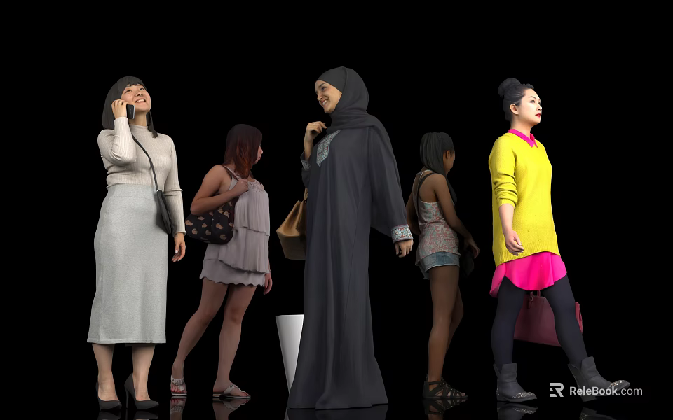Women Standing in Various Outfits With Different Poses Against Black Background 3d model 