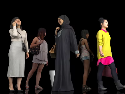 Women Standing in Various Outfits With Different Poses Against Black Background 3d model