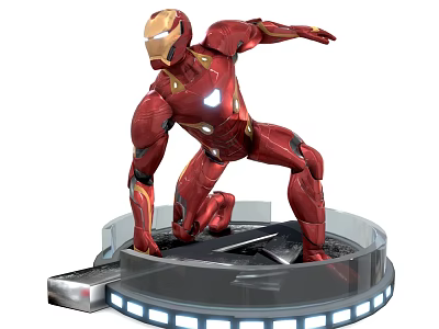 Detailed Iron Man Sculpture Featuring Red Armor Glowing Chest Piece Dynamic Pose and Display Base 3d model