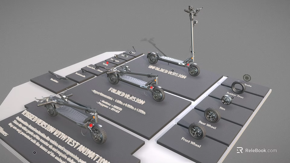 Electric Scooters Components Museum Display With Wheels And Test Equipment 3d model
