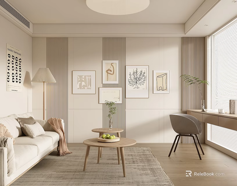 Modern Living Room Interior With Beige Sofa Coffee Table Decorative Paintings And Floor Lamp 3d model 