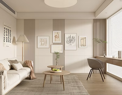 Modern Living Room Interior With Beige Sofa Coffee Table Decorative Paintings And Floor Lamp 3d model