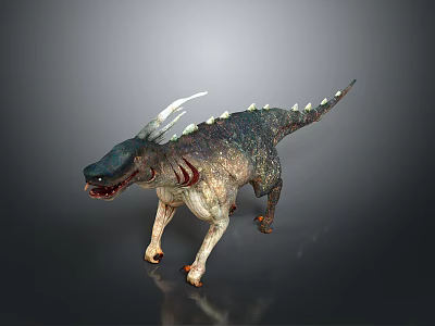 Mythical Horned Spiked Dinosaur With Gray Green Skin And Red Details Standing Isolated 3d model
