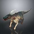 Mythical Horned Spiked Dinosaur With Gray Green Skin And Red Details Standing Isolated
