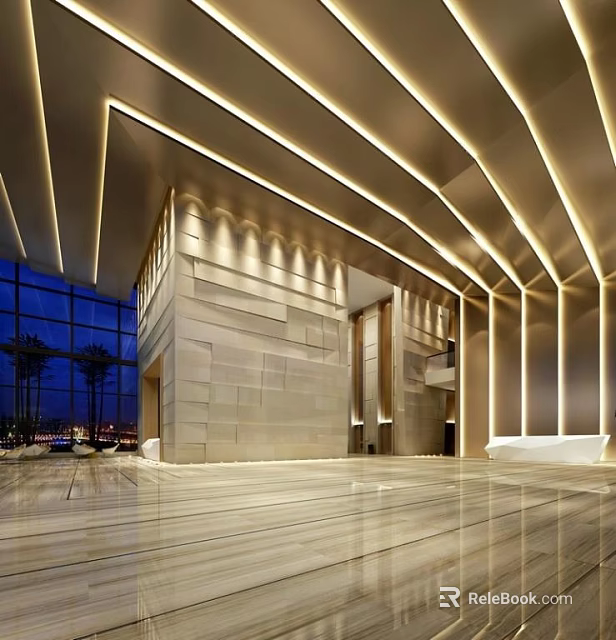 Modern Lobby Front Desk Reception With Stone Wall Lighting Design Glass Windows And Marble Floor 3d model 