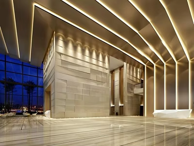 Modern Lobby Front Desk Reception With Stone Wall Lighting Design Glass Windows And Marble Floor 3d model