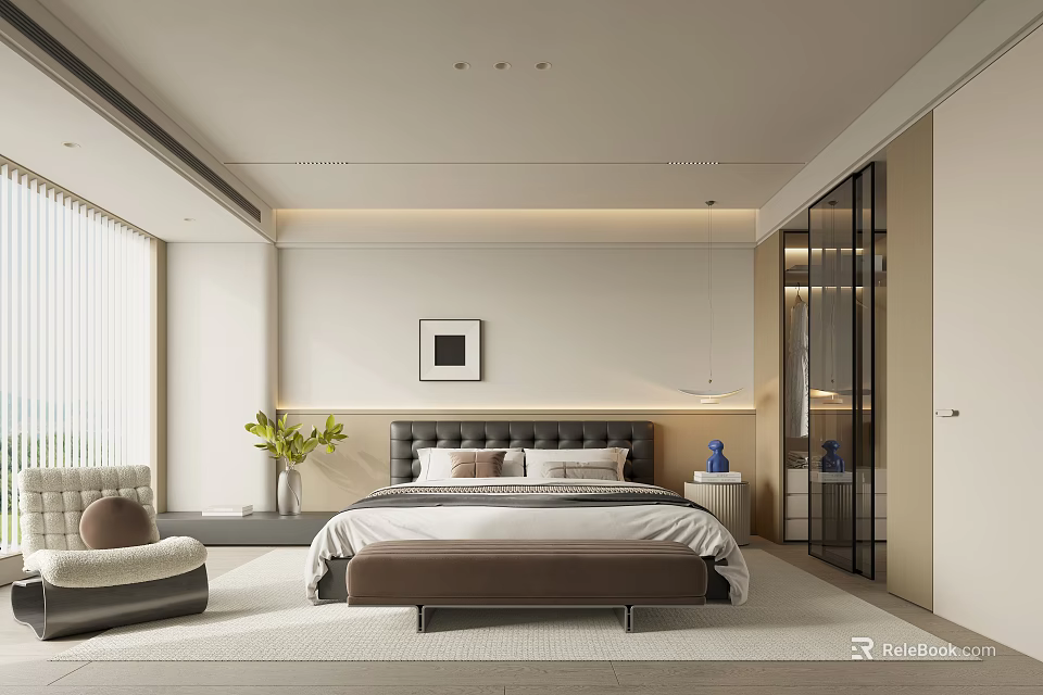 Modern Minimalist Bedroom Interior With Large Bed Nightstand Area Carpet And Decorative Wall Art 3d model 