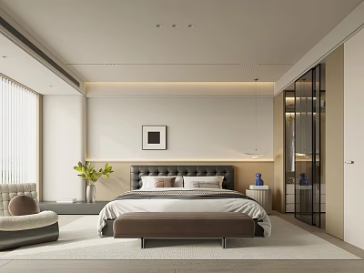 Modern Minimalist Bedroom Interior With Large Bed Nightstand Area Carpet And Decorative Wall Art 3d model