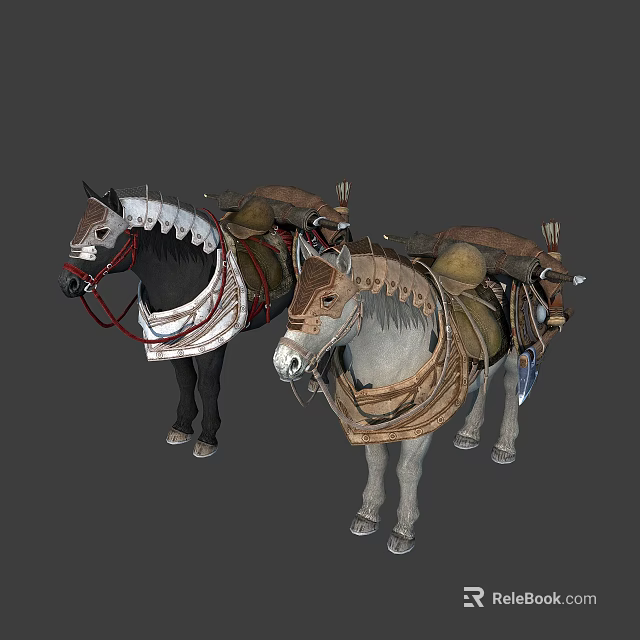 Medieval Horses And Donkeys With Detailed Decorative Saddles And Harness Gear 3d model 