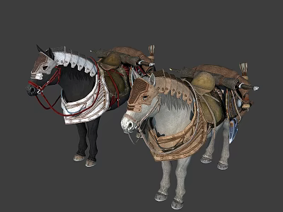 Medieval Horses And Donkeys With Detailed Decorative Saddles And Harness Gear 3d model