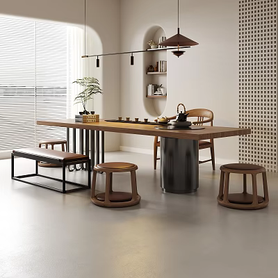 Wooden Tea Table and Chairs in Modern Interior With Hanging Lamp Potted Plant and Bookshelf 3d model