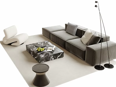 Modern Velvet Sofa And Marble Coffee Table Set With Area Rug And Floor Lamp 3d model