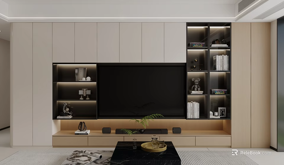 Modern TV Wall Unit with Lighted Shelves Books and Decorative Items 3d model 