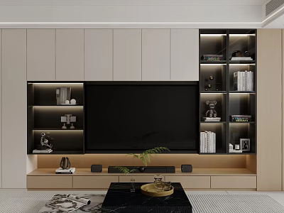Modern TV Wall Unit with Lighted Shelves Books and Decorative Items 3d model