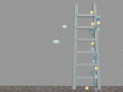 Starry Themed Decorative Ornament Set With Ladder Colorful String Lights Small Clouds And Textured Ground 3d model