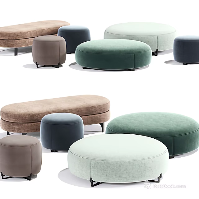 Colorful Round And Oval Sofa Stools With Soft Velvet Upholstery For Living Room 3d model 