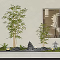 Serene Mini Garden Setup with Bamboo Plants Stones Small Stone Lantern and White Rectangular Planter 3d model