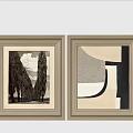 Golden Framed Wall Art Two Pictures With Black White Tree And Abstract Geometric Design