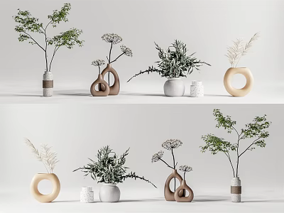 Decorative Vases With Green Plants And White Flowers For Interior Decor 3d model