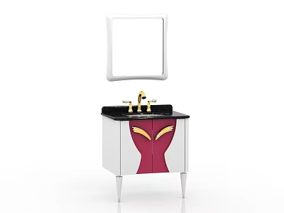 Stylish Bathroom Cabinet with White Frame Mirror Gold Faucet and Red Accent Design 3d model