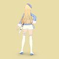 Cartoon Style Woman Wearing Blue White Outfit Hat Long Hair Holding Items