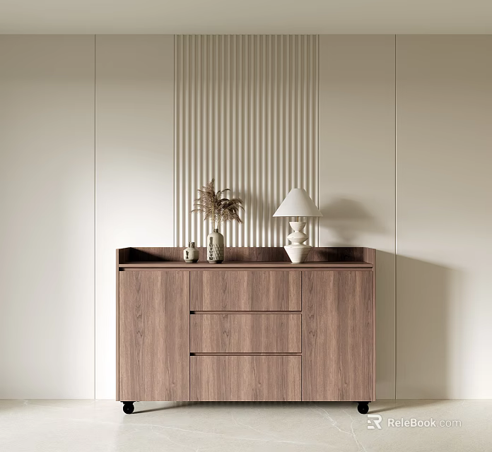 Modern Entryway Console Cabinet With Wooden Drawers Decorative Vase Table Lamp And Vertical Striped Wall 3d model 