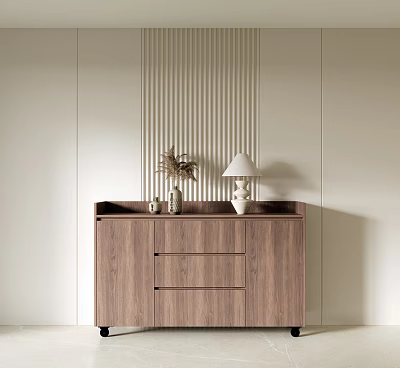 Modern Entryway Console Cabinet With Wooden Drawers Decorative Vase Table Lamp And Vertical Striped Wall 3d model