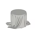 Round Table Covered With Light Gray Tablecloth Featuring Soft Draped Fabric And Natural Folds
