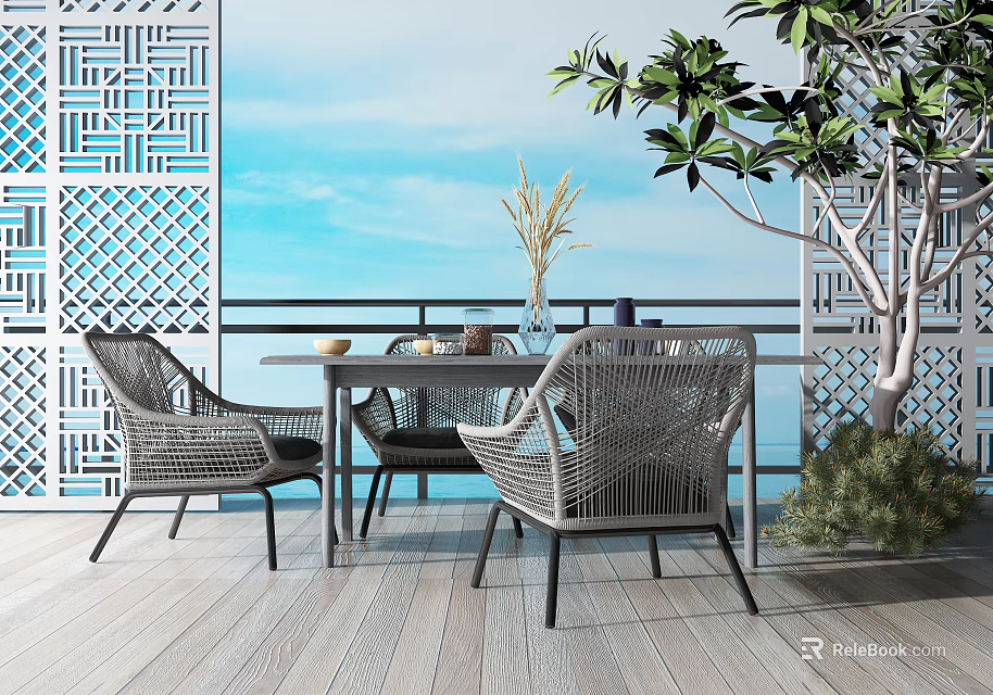 Terrace Rattan Table And Chairs Set With Lattice Screen Green Plants And Sea View 3d model 