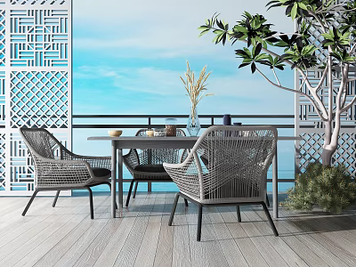 Terrace Rattan Table And Chairs Set With Lattice Screen Green Plants And Sea View 3d model