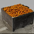 Abundant Fresh Orange Fruits in a Wooden Crate on Cracked Concrete Surface