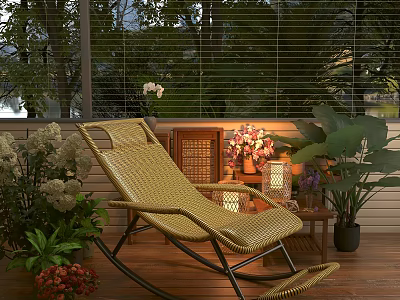 Cozy Wicker Lounge Chair On Outdoor Wooden Deck With Plants Flowers And Lanterns 3d model