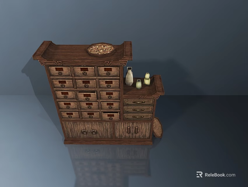 Rustic Wooden Storage Cabinet Featuring Multiple Drawers and Decorative Items on Top 3d model 