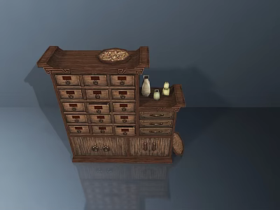 Rustic Wooden Storage Cabinet Featuring Multiple Drawers and Decorative Items on Top 3d model