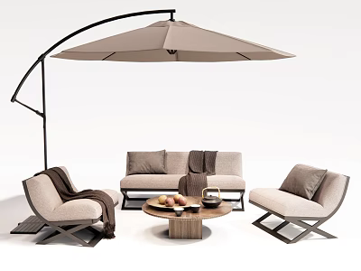 Outdoor Sofa Set With Cantilever Umbrella Round Coffee Table Single Chairs And Blanket 3d model