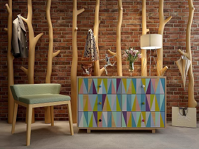 Colorful Geometric Entryway Console Cabinet With Brick Wall Coat Rack And Green Chair 3d model