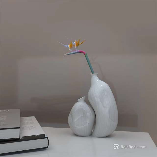 Two White Vases Holding Yellow Orange Blue Flower With Green Pink Stem On White Tabletop 3d model 