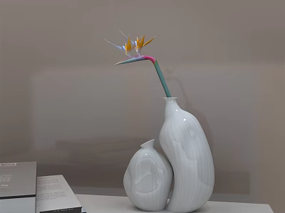 Two White Vases Holding Yellow Orange Blue Flower With Green Pink Stem On White Tabletop 3d model