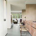 Modern Dining and Living Room Interior With Green Sofa Marble Countertop And Large Windows