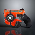 Red and Black Futuristic Pistol Weapon Featuring Blue Accents Circular Component And Sleek Design
