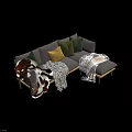 Gray Sofa With Green Yellow Pillows And Plaid Fur Blankets On Wooden Legs
